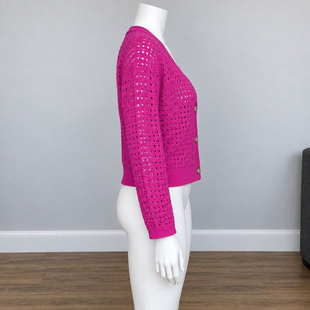 LOFT Womens XL Pink Pointelle Open Knit Cotton Cardigan Button V Neck Cropped - Picture 4 of 7